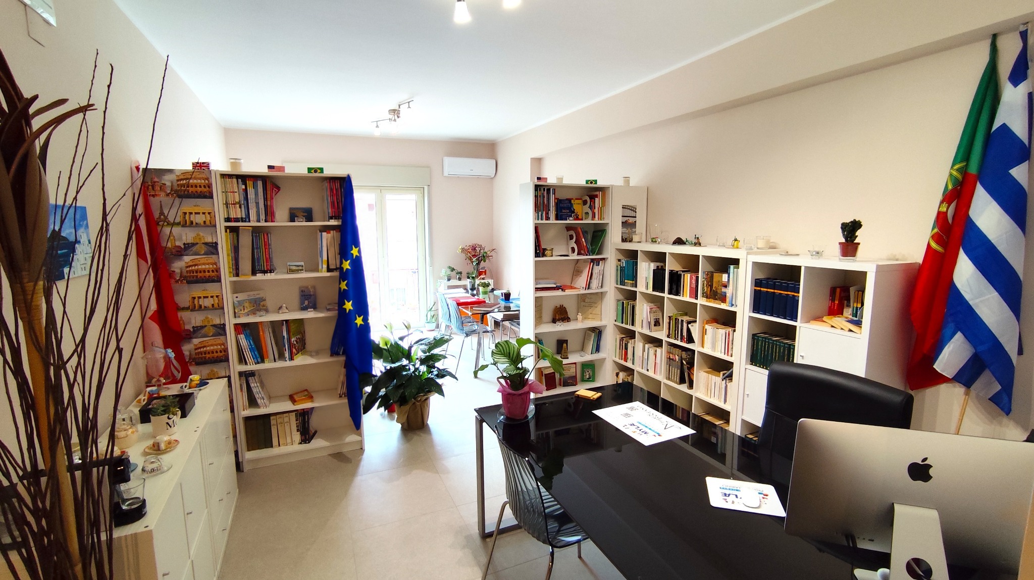 Intero ambiente principale della sede MYLAE INSTITUTE®, con bandiera dell’Unione Europea