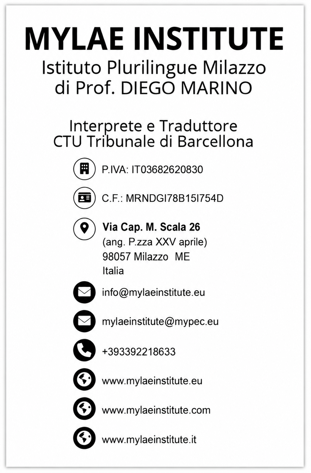 Retro del biglietto da visita di MYLAE INSTITUTE®