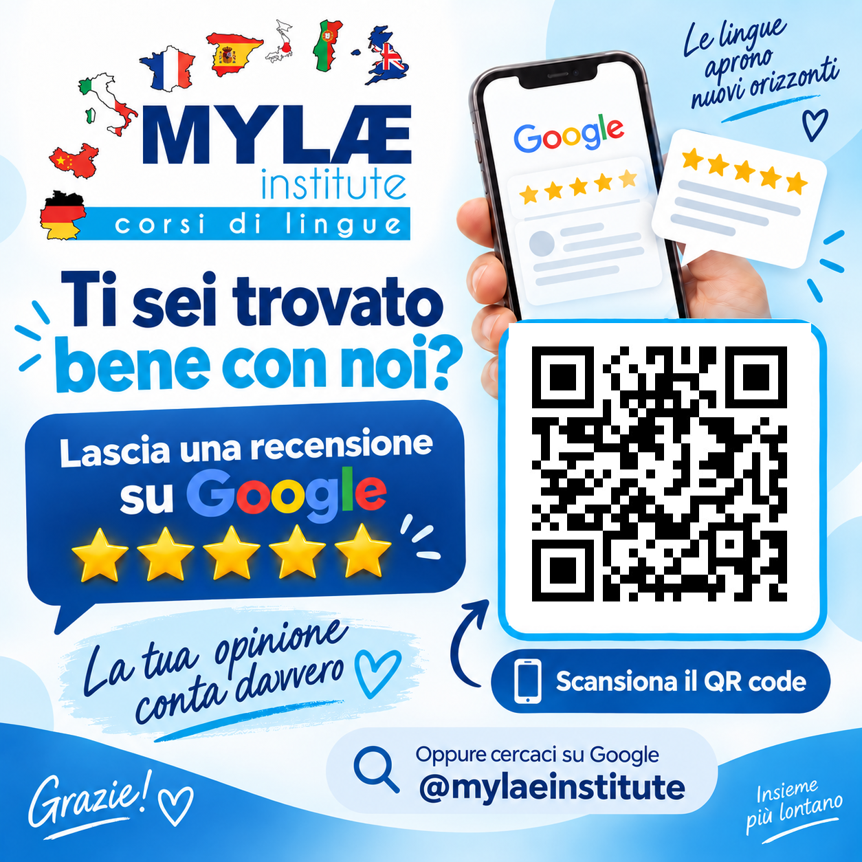 Post MYLAE INSTITUTE® che invita a lasciare una recensione su Google